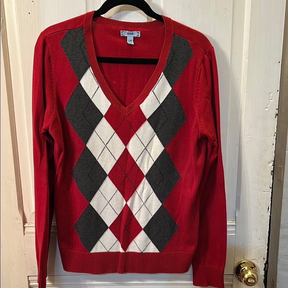 Izod Red and Gray V-Neck Argyle Sweater, size L